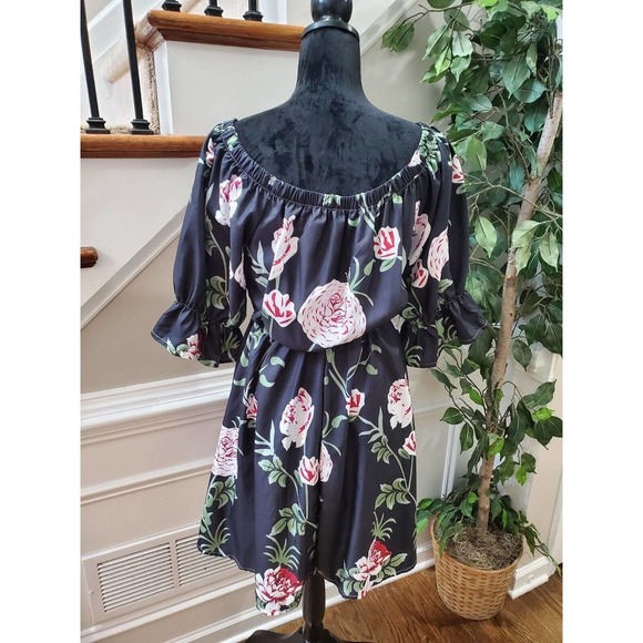 SHEIN Women's Black Floral Polyester Round Neck Off Shoulder Length Dress M - Picture 8 of 10